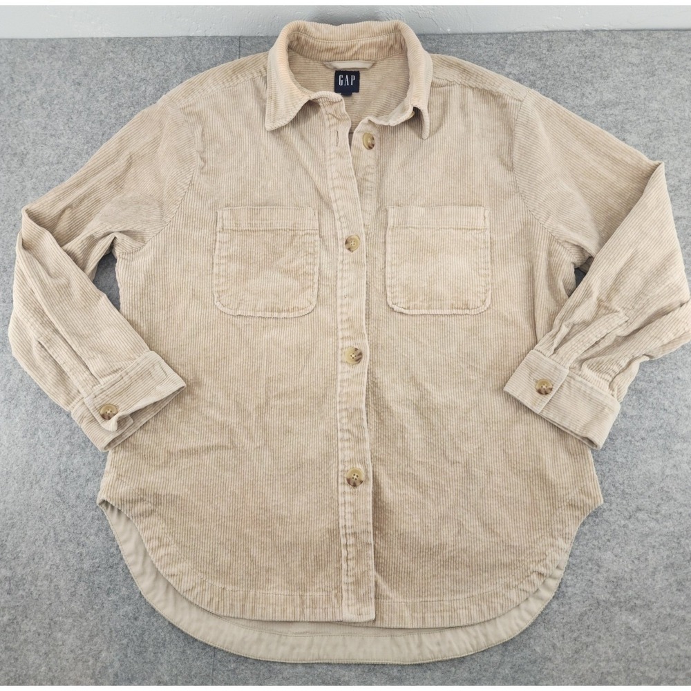 GAP Med | Cobblestone Beige Corduroy Oversized Button Down Shirt Shacket Womens